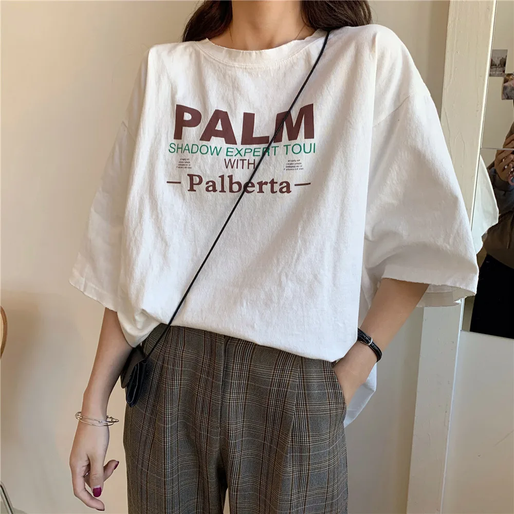 Letter Print Summer T-shirts Women Korean Style Casual Streetwear Vintage Harajuku T shirt Loose Cotton Tops Tees Plus Size X053