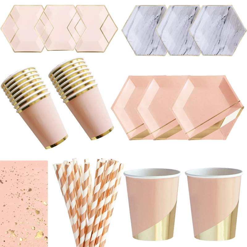 Black Pink Gold Blocking Disposable Tableware Party Paper Plates Napkins Cups Straws child Birthday Wedding New year Decor | Дом и сад