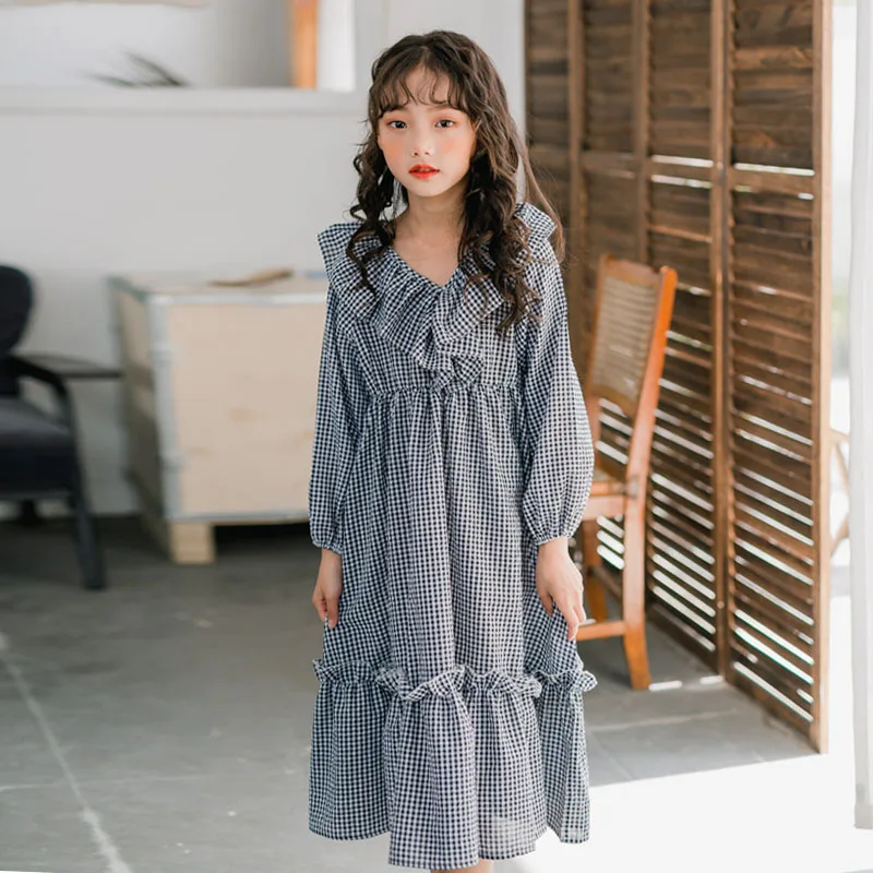 black plaid Новое осеннее платье для малышей г., платье с v-образным вырезом для девочек корейское детское платье в клетку с длинными рукавами платье с оборками для маленьких детей#5331 - Цвет: black plaid