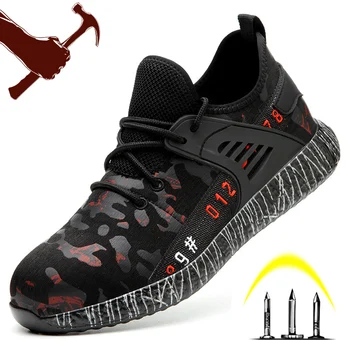 

Lizeruee New Men's Fashion Safety Shoes Breathable Flying Woven Anti-smashing Steel Toe Cap Anti-piercing Fiber Work Shoes