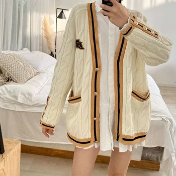 

2020 spring summer new women cardigan sweater college style striped twist casual V-neck cardigan jacket