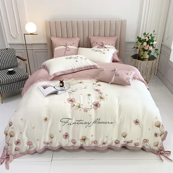 

Spring and Summer Pastoral Style 60 Lenzing Tencel Four-piece Set Flower Embroidered Quilt Silky Bare Sleeping Double Bed Beddin