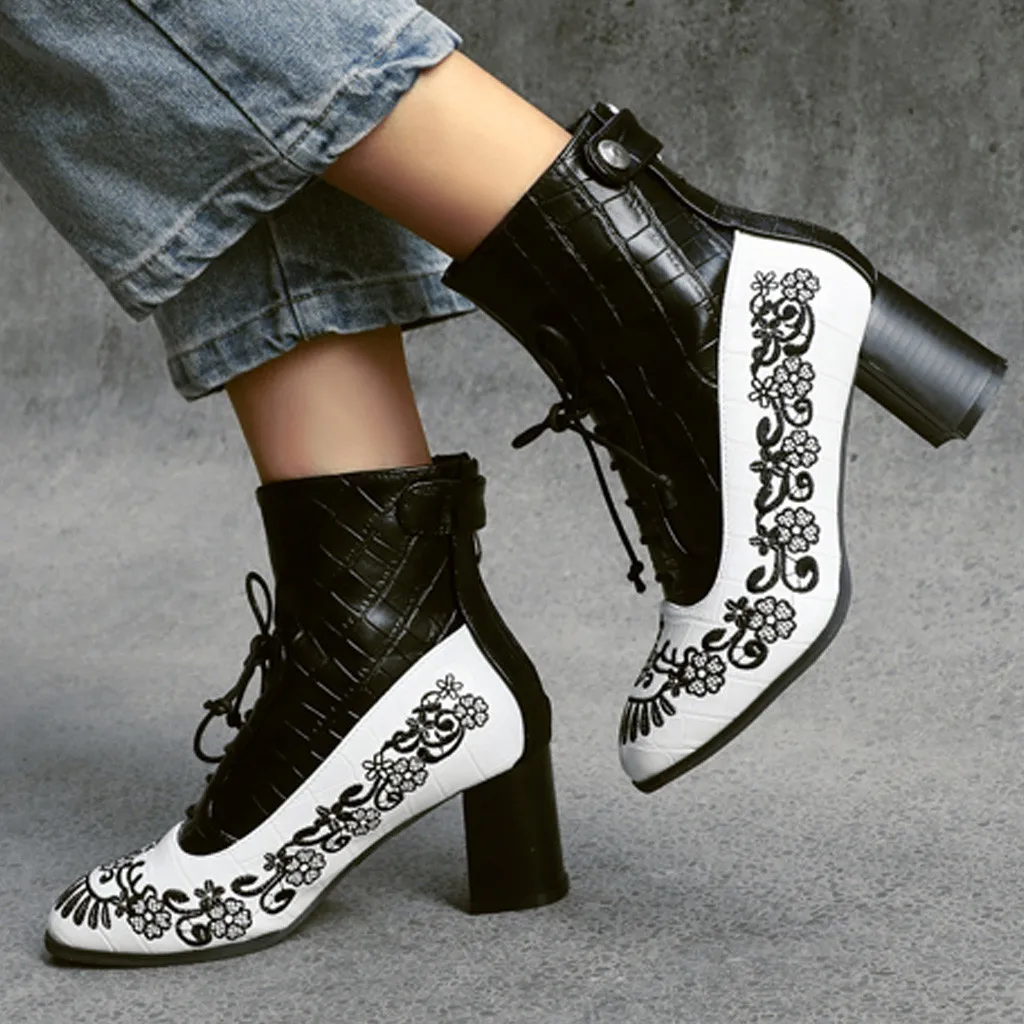 Fashion Ethnic Chelsea Boots Women's Leather Short Winter Embroidery Pointed Ankle Boot Elegant Lady High Heel Shoes Sexy | Обувь
