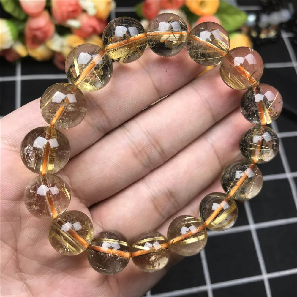 

13mm Natural Brazil Gold Rutilated Titanium Quartz Bracelet For Women Men Crystal Round Beads Crystal Stretch Jewelry AAAAAA