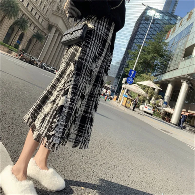 skirt Новые модные трикотажные костюмы Для женщин стильные потертые подол укороченный Свитера, пуловеры+ Винтаж с бахромой плед Высокая талия юбка костюм комплект - Цвет: skirt
