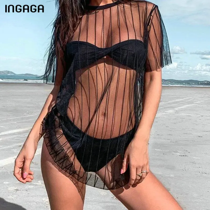 INGAGA, однотонная пляжная одежда, накидка, прозрачная сетка, длинное пляжное платье, короткий рукав, купальник для женщин,, полосатый купальник для женщин