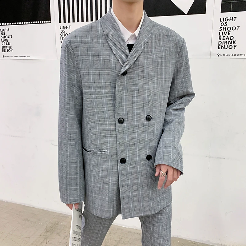 Men's Streetwear Lattice Printing Two Single Western Coats High-quality Suit Jacket Casual Loose Blazers Plus Size M-XL