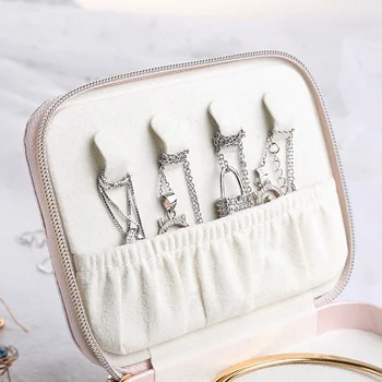 

Multi-function Jewelry Earrings Ring Leather Container with Mirror Zip Closure Storage Box Cosmetic Storage Box Makeup Organizer