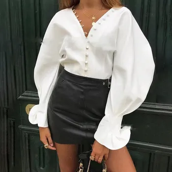 

Women Blusa Femininas 2019 Fall Women Sexy V-Neck Petal Sleeve Vintage Blouse Shirt Ladies Casual Bodycon Tops Blusas