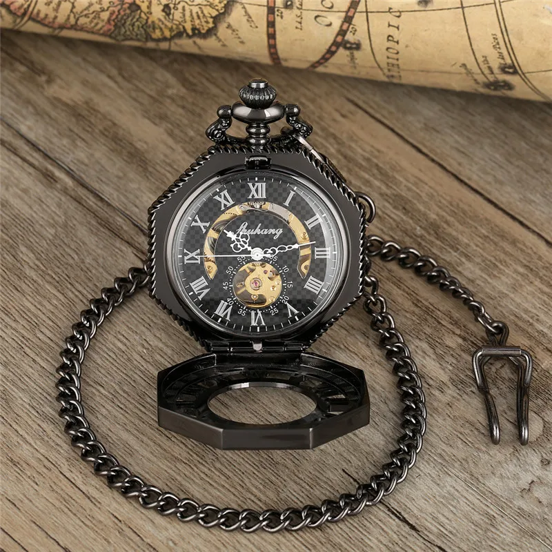 Retro Octagon Shape Clock Men Women Handwinding Mechanical Pocket Watch Skeleton Clock Roman Number Dial Pendant Chain Reloj