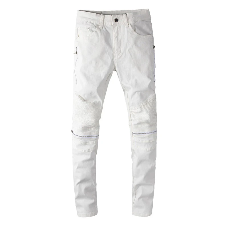 Sokotoo blanco de hombres de cuero de la PU patchwork vaqueros de ciclista con cremallera slim de denim Stretch pantalones pitillo Hipster Pantalones|Pantalones vaqueros| - AliExpress