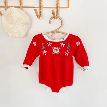 

2020 Baby romper red colour knitted flower pattern long sleeve jumpsuit thicken warm newborn baby girls clothes