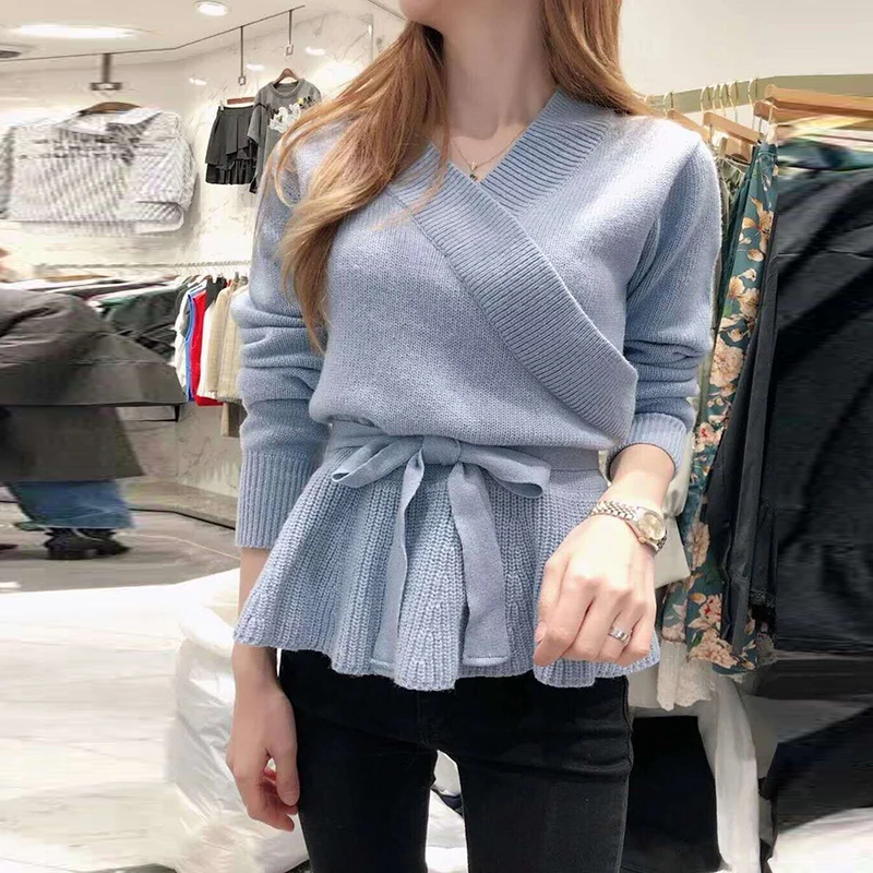 

2019 Autumn and Winter New Korean Style Women Sweaters Wild Casual Fashion Ladies Sweaters Ruffled Solid Color Knit Tops Female