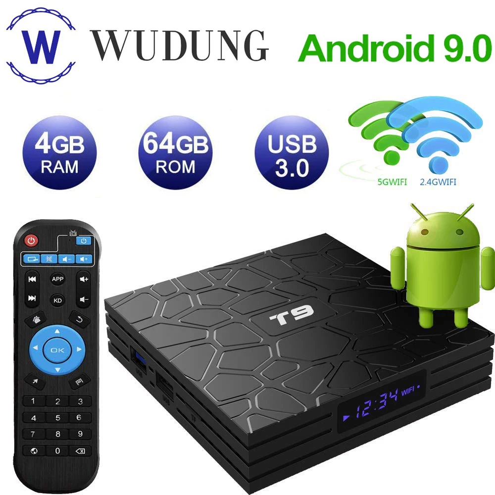 ТВ приставка T9 Android 9 0 4 Гб ОЗУ 64 ПЗУ 4K H.265 2 ГГц и фото двойной Wi Fi четырехъядерный