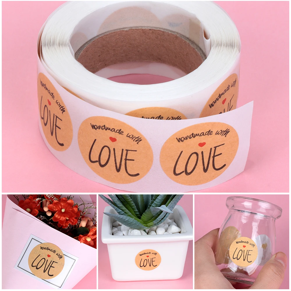 

500Pcs Kraft Stickers Handmade with Love Package Labels Cards Box Package Tags Cookie Bags Wedding Decor Party Supplies