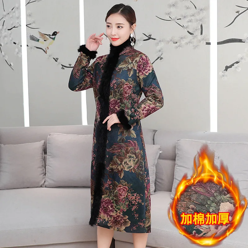 

2018 New Products Winter Cheongsam Women's Long-Sleeve Warm Suede Modified Version Chinese Costume Cheongsam Chinese-style Chine