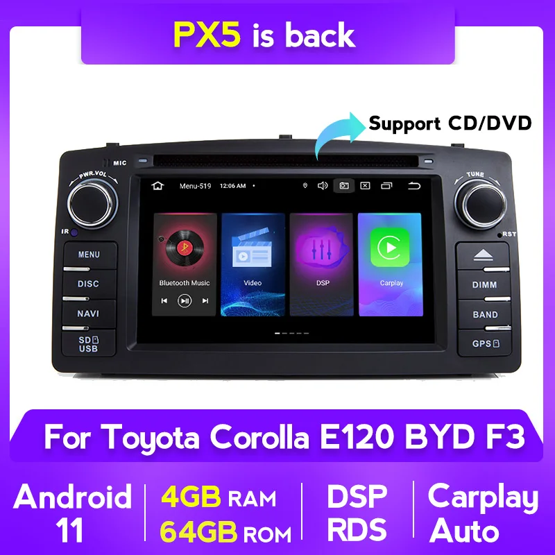 PX5 2 DIN Android 11 Автомобильный мультимедийный стерео плеер для Toyota Corolla Altis E120 2000-2006 F3