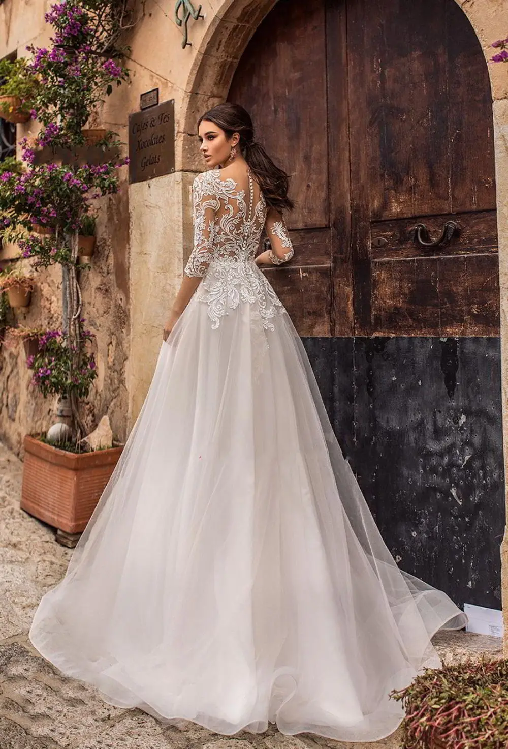 Vestido De Noiva Винтаж из кружева, с вырезом на шее свадебное платье с аппликацией Иллюзия Половина рукава А-силуэт свадебные платья