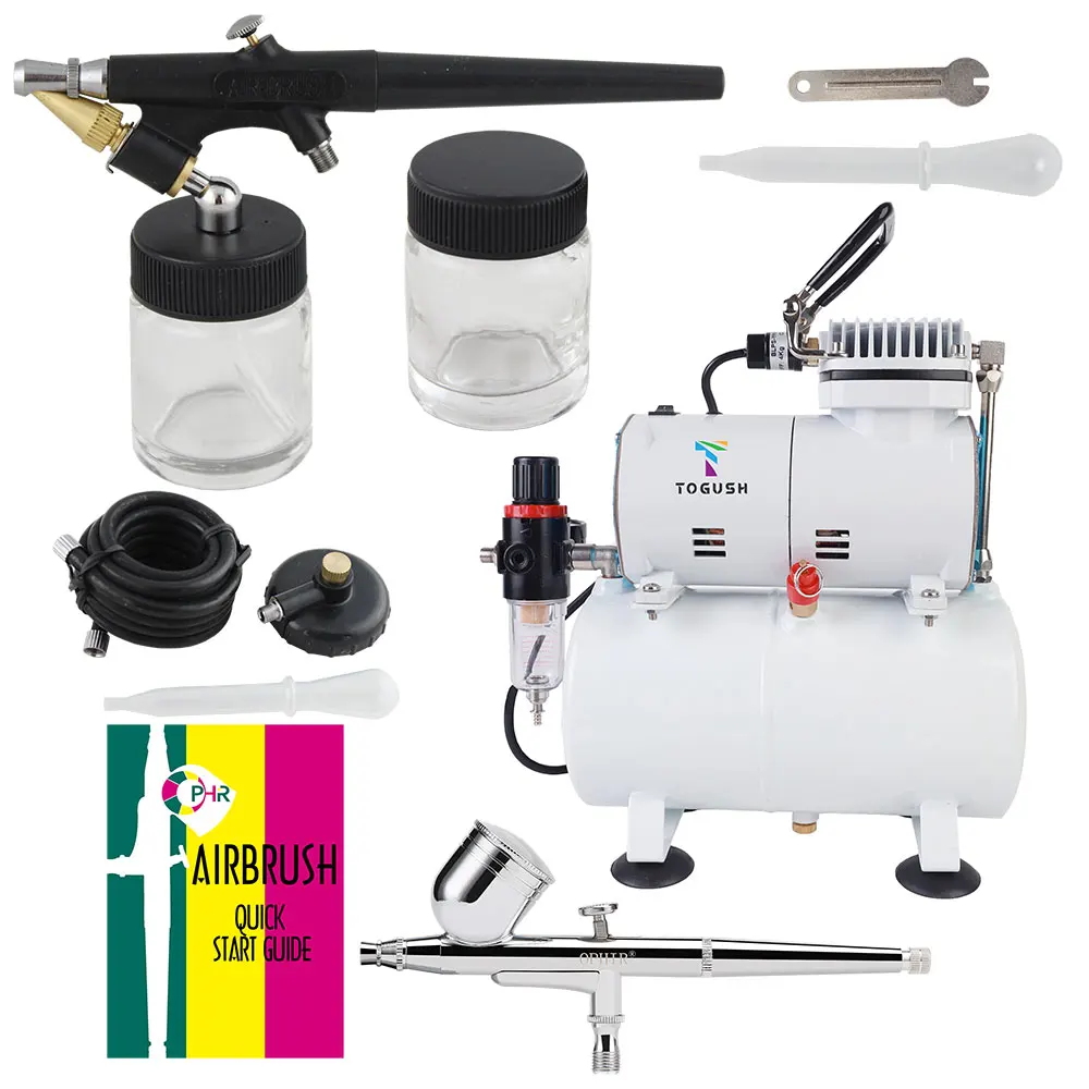 OPHIR 2x Dual & Single Action Airbrush Air Tank Compressor Kit 0.3mm 0.8mm for Hobby Model Cake Makeup 110V,220V AC134+004A+071