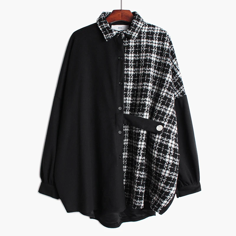 [EAM] Женская твидовая Клетчатая блуза большого размера, новая свободная рубашка с отворотом и длинным рукавом, модная весенняя Осенняя 19A-a46 - Цвет: black