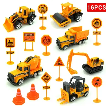 

16Pcs/Set Mini Engineering Car Model Truck Excavator Forklift Toy Construction Vehicle With Road Sign Educational Toy For Kids