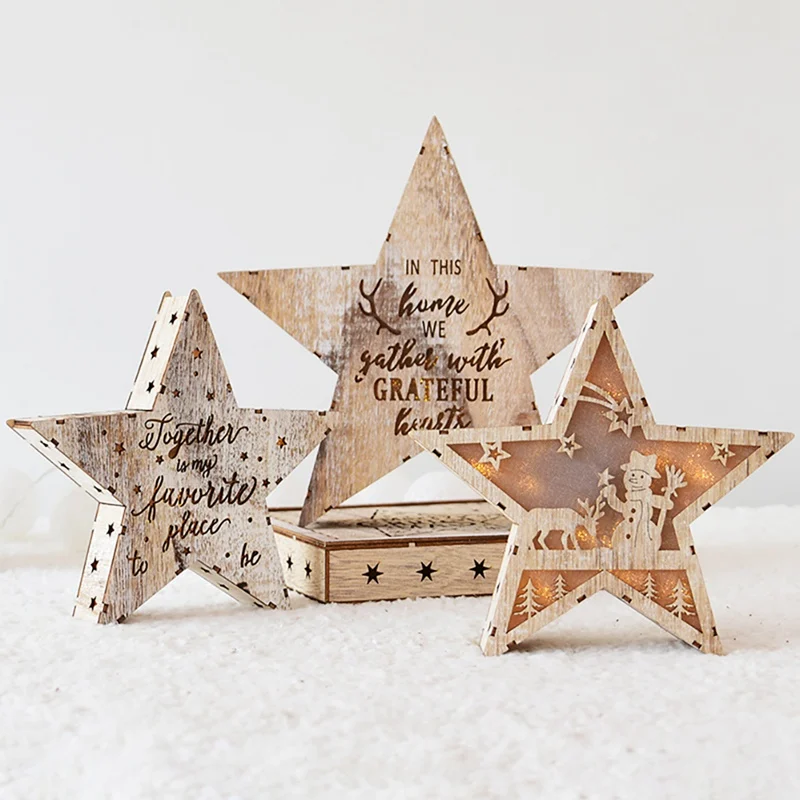 Wooden Hollow Star Shape Christmas Light Box Desktop Ornament Lamp Luminous Xmas Tree Hanging Pendant Holiday Decor