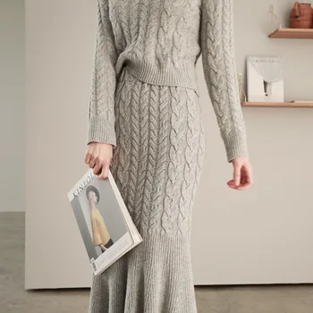 

Knitted Two Piece Sets 2020 Spring Autumn Korean Elegant Long Sleeve Knit Sweater And Mermaid Skirt 2PCS Women Sets Suits