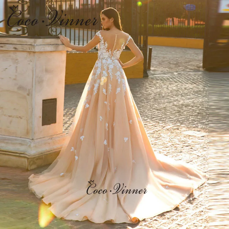 С цельнокроеным коротким рукавом с аппликацией свадебное платье со съемным верхом Шампанское свадебное платье-труба вышитое кружево на сетке Южная Америка W0601