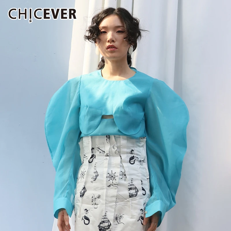 

CHICEVER Korean Patchwork Hollow Out Women's Shirts O Neck Puff Sleeve Large Size Casual Female Blouse Autumn Fashion New 2019