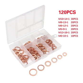 

120Pcs M5/M6/M8/M10/M12 5Sizes Copper Washer Gasket Set Flat Ring Seal Kit Set For Generators Machinery With Box