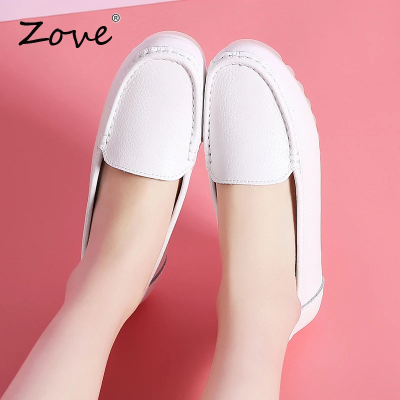 ZOVE Wome Flat Shoe Nurse Autumn Leather Slip on Nursing Work Loafers Woman Shoes Ladies chaussures Women White Flats Shoes