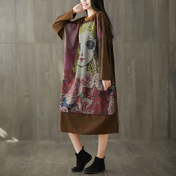 

Fashion 2020 new round neck cartoon head print long style hoodie for old lady plus-size bat sleeve dress