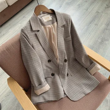 

Retro temperament women's jacket casual small suit high quality 2020 new fall fashion loose plaid ladies blazer Office coat