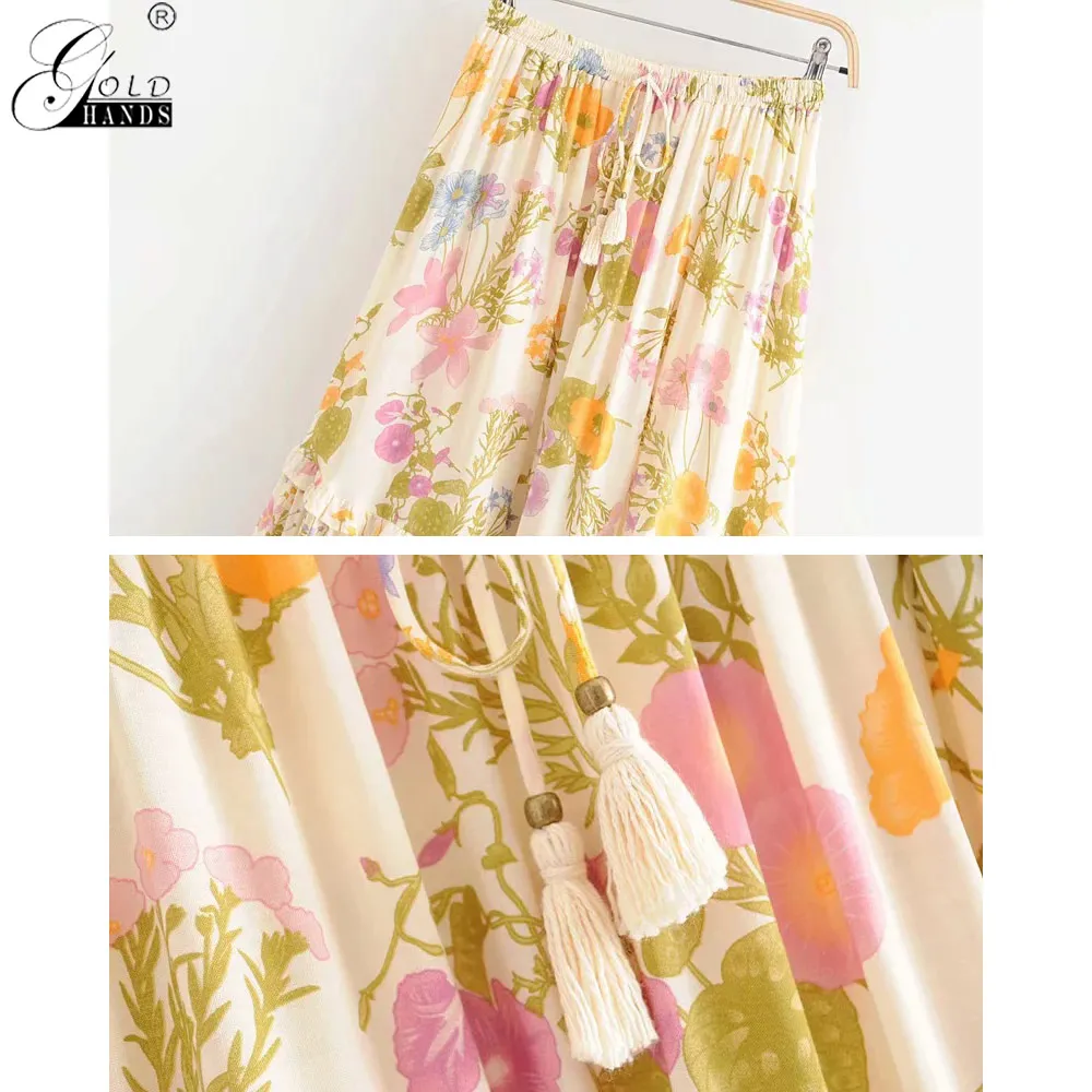 Золотые руки модные повседневные Jupe женские гофрированные длинные юбки Boho шикарные летние женские цветочные печати кисточкой лук шнурок юбка