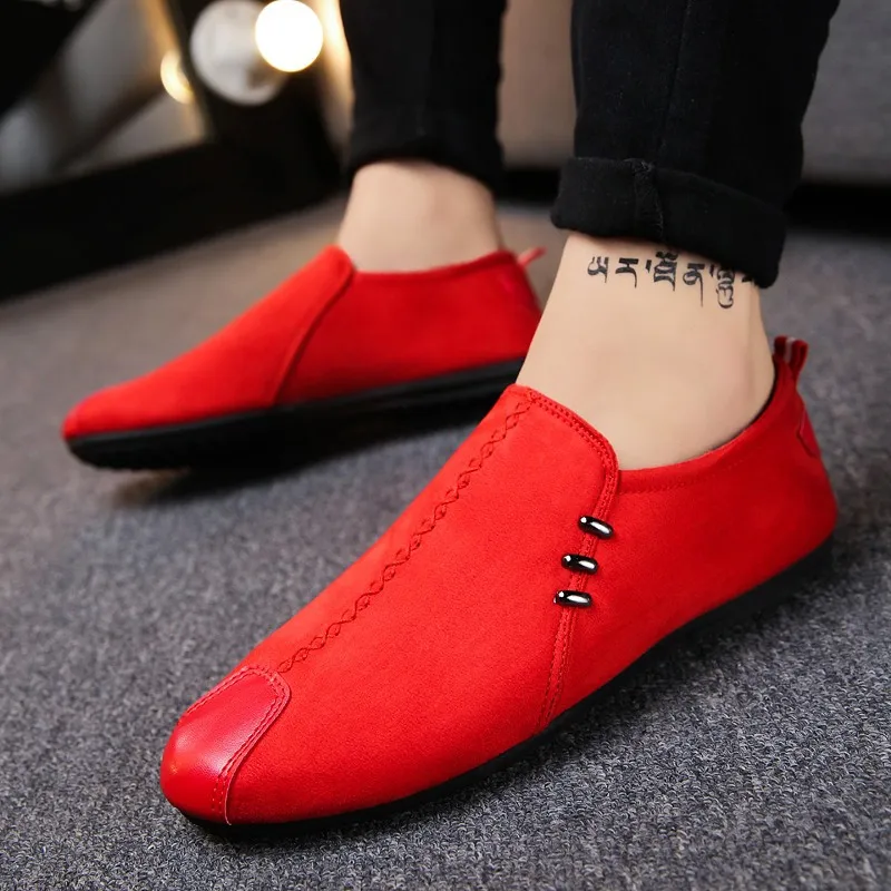 

Moccasins Mens Red Wedding Loafers Patchwork Peas Shoes Faux Suede Plain Round Toe Slip On Men Driving Shoes Casual Flats Black