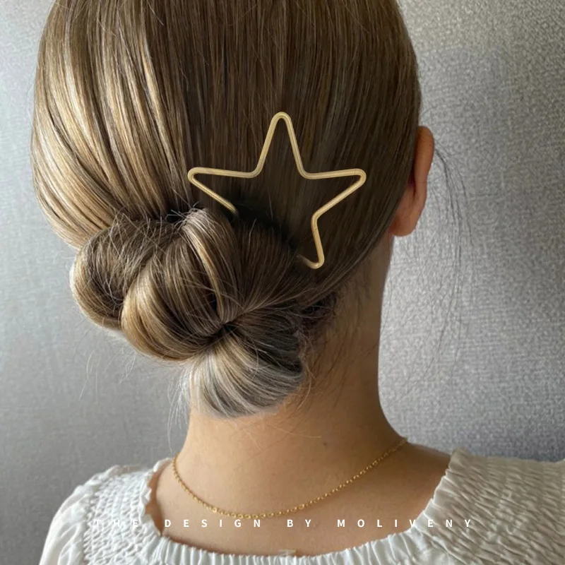 Women Simple Star Heart Shaped Metal Hair Stick Cute Matt Gold Hollow Out Hair Pin Clip Geometric Hair Bun Holder Accessories