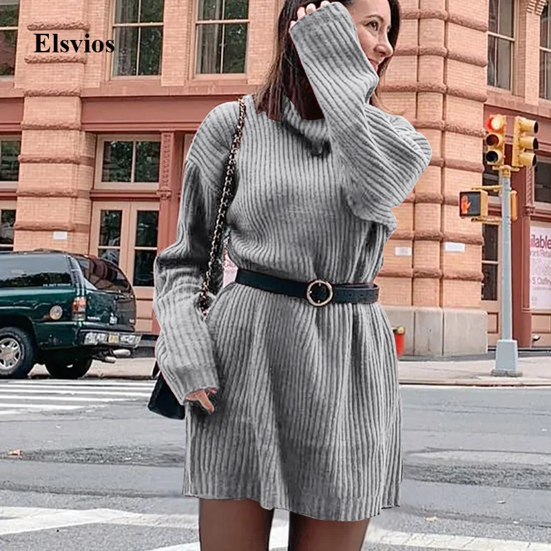 Elsvios Casual Rib Knitted Sweater Dress Winter Warm Turtleneck Mini Dress Women Autumn Long Sleeve Pullover Party Dress Vestido