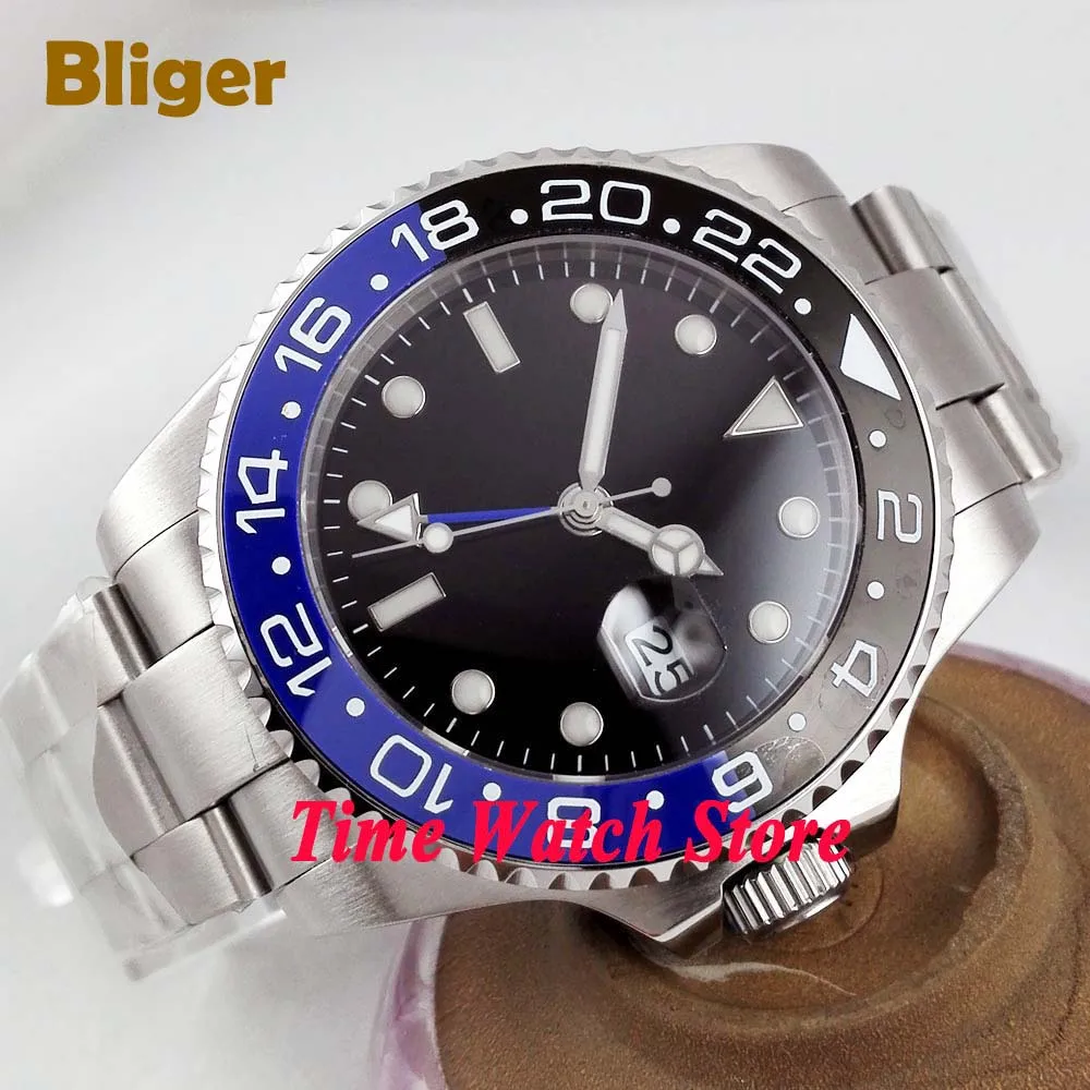 Мужской черный циферблат Bliger 43 мм GMT 3804 автоматический синий керамический
