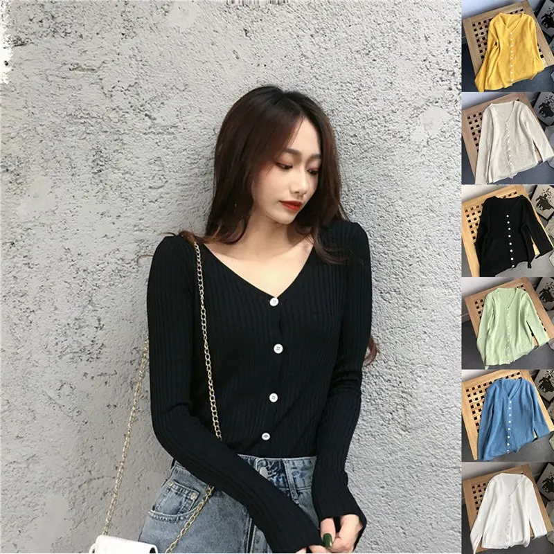 New Korean Contrast Color V-neck Wild Long-Sleeved Knit Cardigan