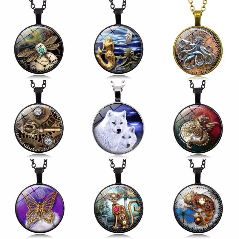 3 Colors New Christmas Glass Dome Necklace Charm Wolf Print Art Pendant Necklace Women Men Party Jewelry Gift Wholesale