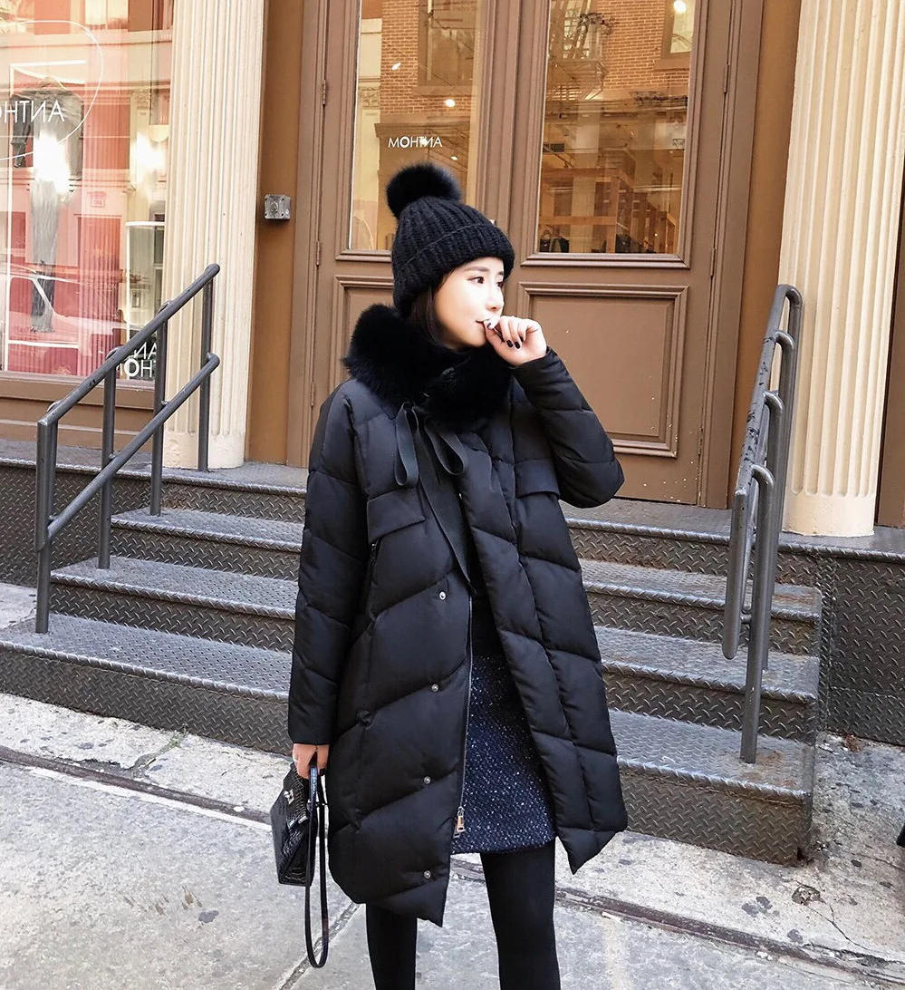 Winter New Style Korean-style down Jacket Women's Mid-length Loose Thick Fashion Fox Fur Collar White ya rong fu Fashion