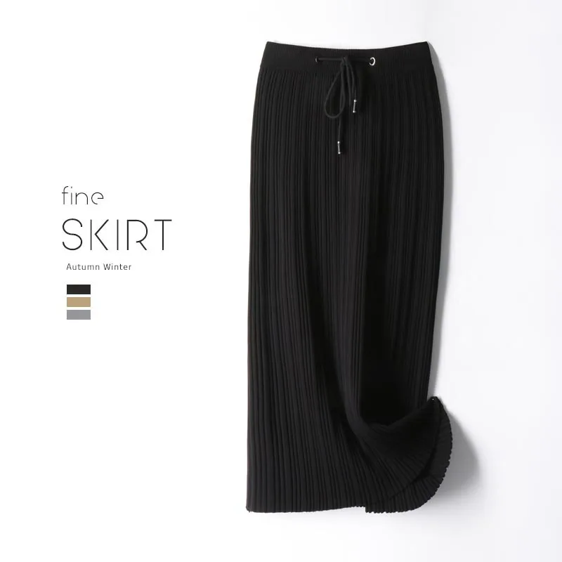 Solid black Осенне-зимние длинные трикотажные юбки женские корейские модные плиссированные юбки с высокой талией Миди Lenth jupe femme saias - Цвет: Solid black