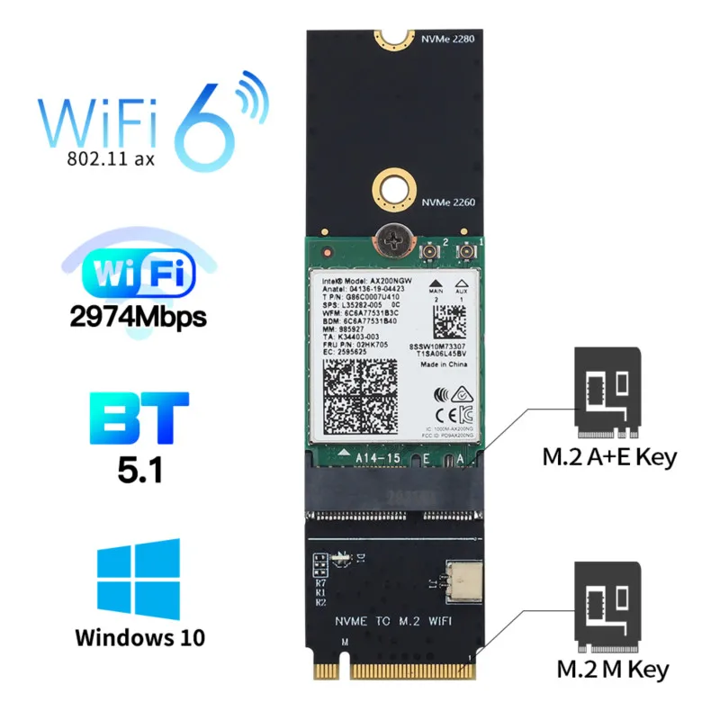 

3000Mbps For Intel AX200 Wifi 6 Wireless Card Bluetooth 5.1 M.2 A+E Key To M.2 M Key NVMe SSD Port Network Wlan Wifi Adapter