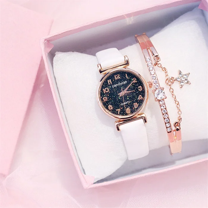 Изысканные женские часы Звездное небо женские кожаные кварцевые наручные часы Элегантные женские часы браслет часы Montre Femme - Цвет: White bracelet