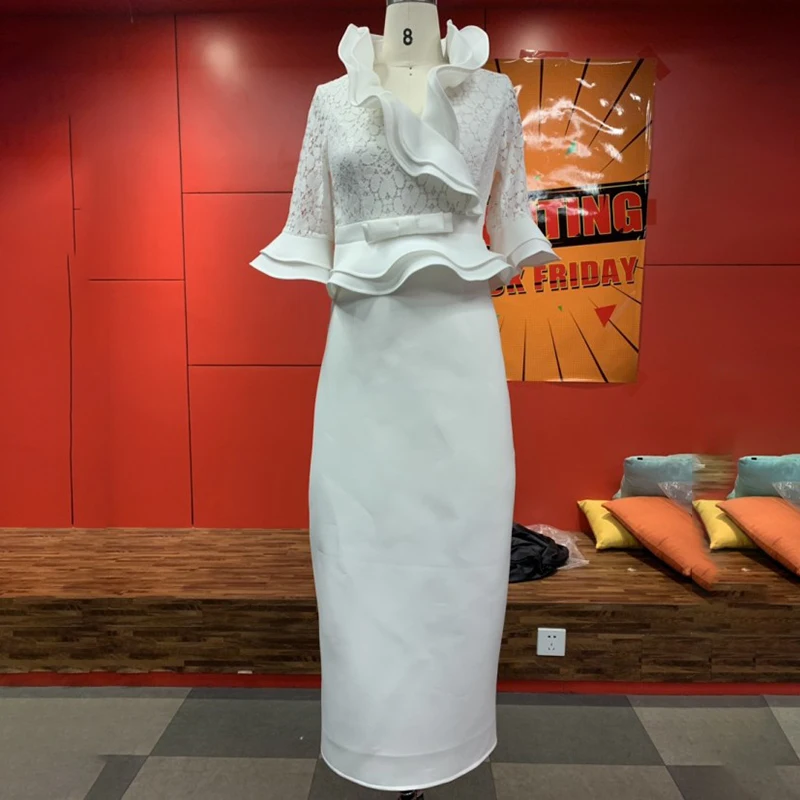 Элегантные кружевные Ptachwork белые Плиссированное длинное платье Bodycon в