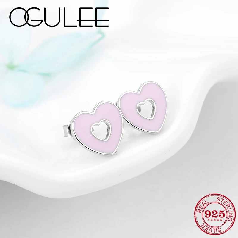 925 пробы Серебряный с гравировкой серьги в виде сердца розовый эмалевой со