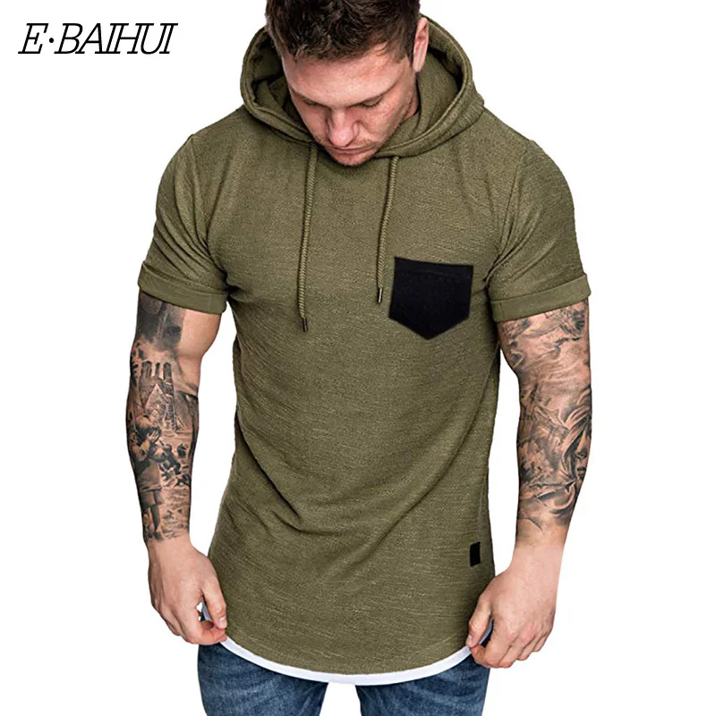 

E-BAIHUI Design Gym Hooded T-Shirt Sport t Shirts Men Solid Short Sleeve Fitness Tshirt Clothes Jogging Running Shirts Men G035