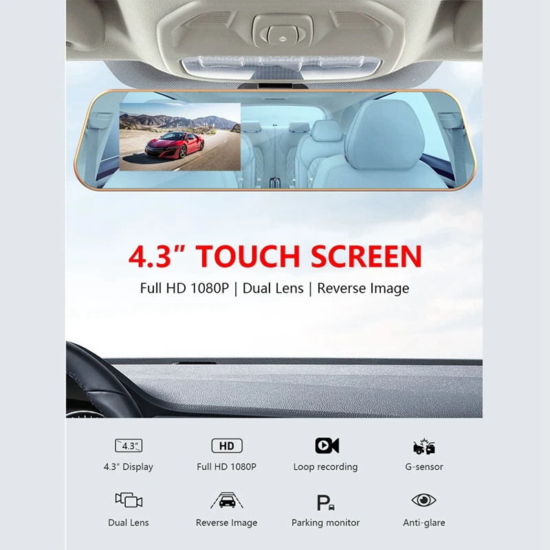Full HD 1080P Автомобильный видеорегистратор с сенсорным экраном, две камеры, зеркало заднего вида, ночное видение, видеорегистратор, цифровой видеорегистратор
