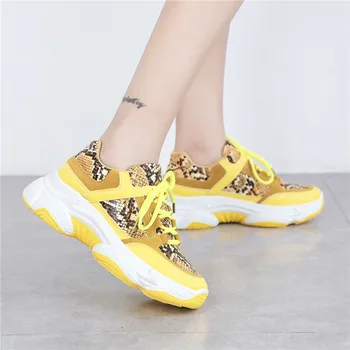 

2020 Summer Woman Casual Fashion Sneakers Snake pattern Flats Ladies Vulcanized Shoes Autumn Yellow Sneakers Zapatos Mujer