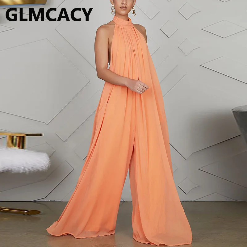 Women Chiffon Halter Backless Jumpsuits Loose Style Long Overalls Elegant Party Club Jumpsuit Women Chiffon Halter Backless Jumpsuits Loose Style Long Overalls Elegant Party Club Jumpsuit